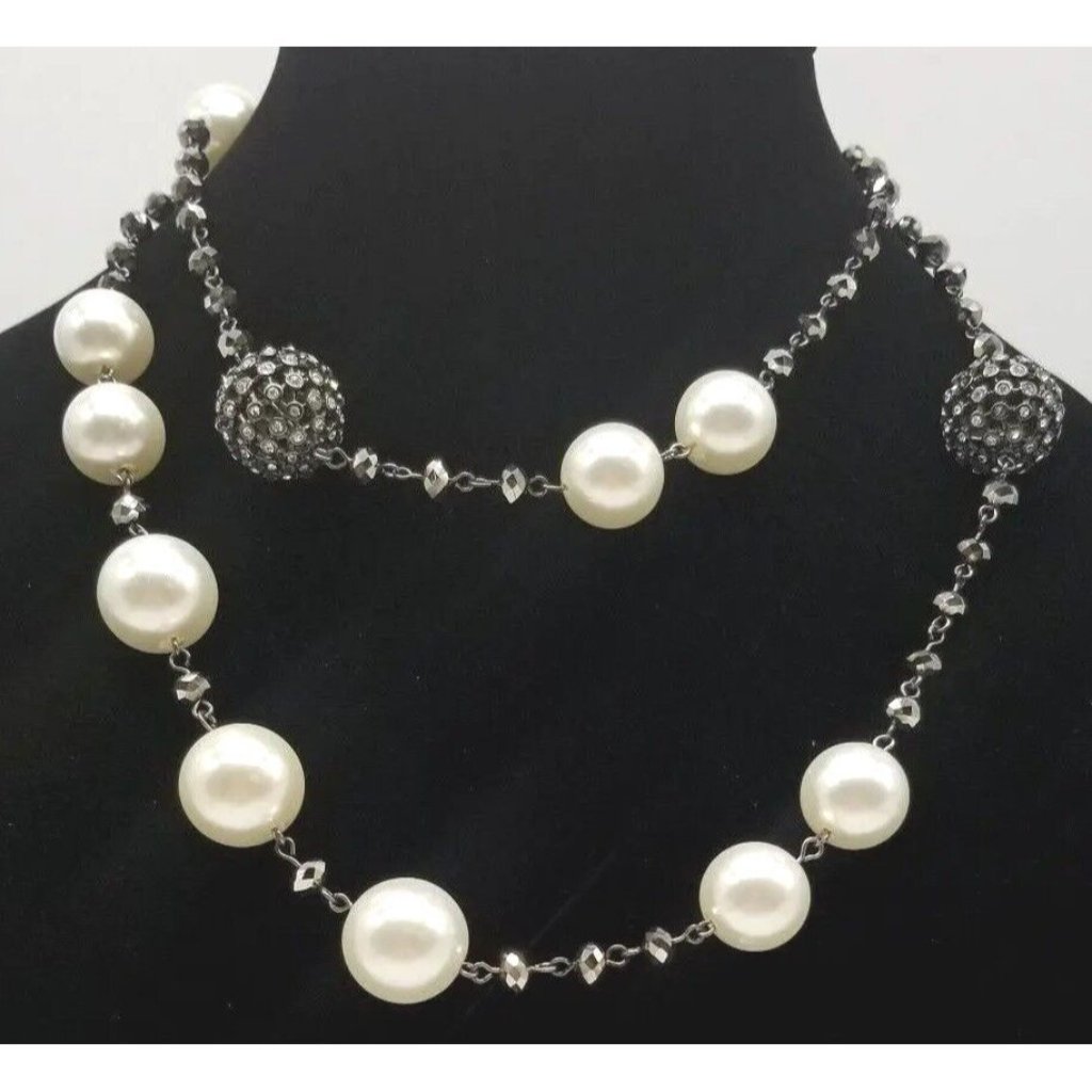 Graziano Faux Pearl Necklace Pave Rhinestone Accented Beads